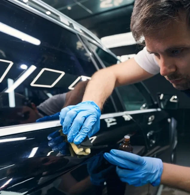 Man wearing blue gloves applies ceramic coating to a car’s black exterior using an applicator pad and small bottle.