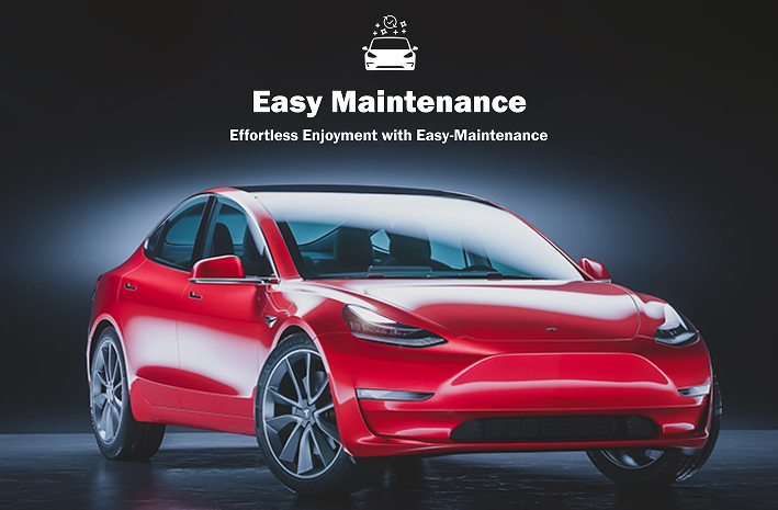 Glossy red Tesla Model 3 under dramatic lighting, emphasizing its clean, well-maintained exterior, with the text “Easy Maintenance” above the car.