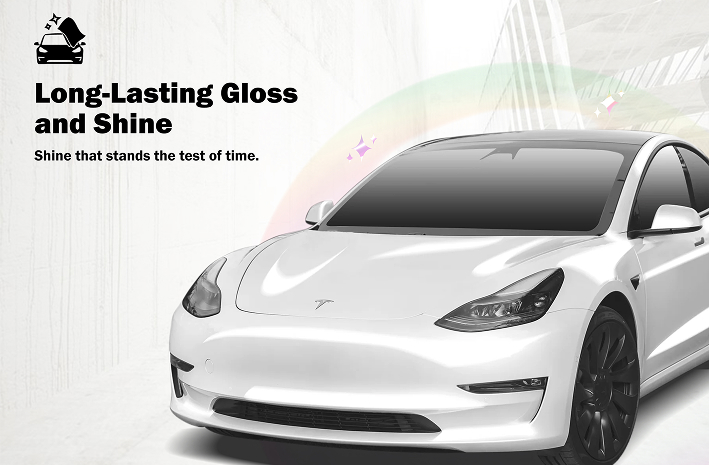 White Tesla Model 3 with a high-gloss finish reflecting light, shown with sparkles and a soft rainbow arc to emphasize shine, alongside the text “Long-Lasting Gloss and Shine.”