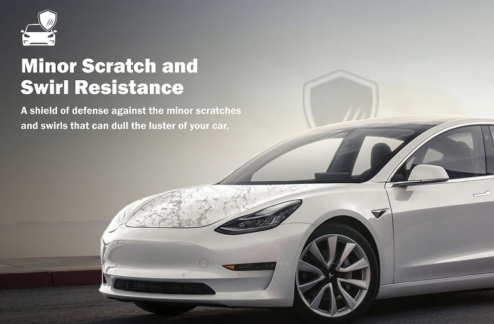 White Tesla Model 3 parked on a curved road at sunset, with a subtle shield graphic and the text “Minor Scratch and Swirl Resistance” emphasizing protective features.