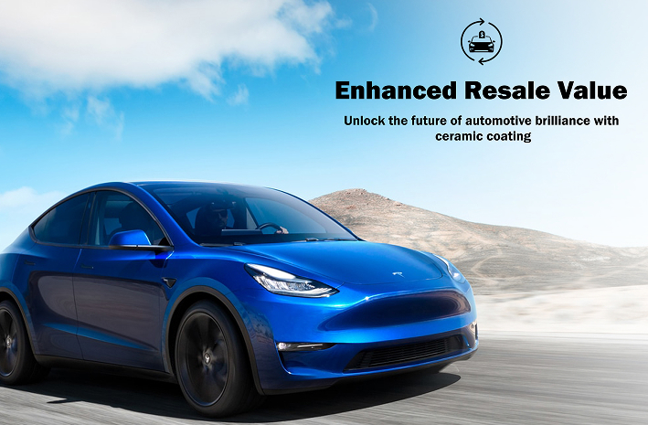 Shiny blue Tesla Model Y driving through a desert landscape under a bright blue sky, with text promoting “Enhanced Resale Value” through ceramic coating.