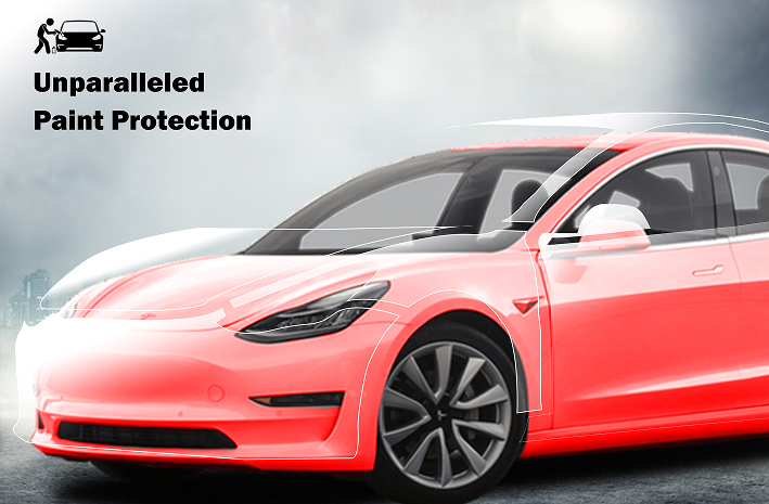 A red Tesla Model 3 with a semi-transparent protective layer overlay, illustrating paint protection coverage, with the text “Unparalleled Paint Protection” in bold on the left.