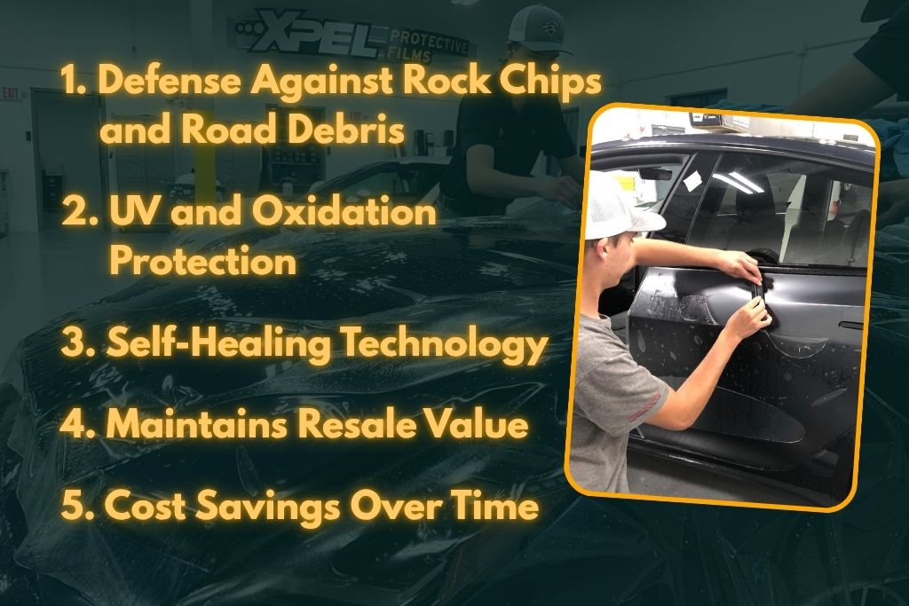 A technician applies paint protection film to a black car door, with a highlighted list of five benefits on the left side: defense against rock chips and road debris, UV and oxidation protection, self-healing technology, maintains resale value, and cost savings over time.