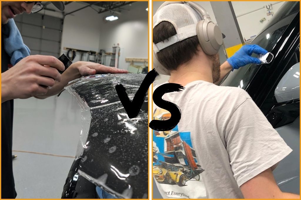 Side-by-side comparison of two car detailing techniques. On the left, a technician installs paint protection film on a black vehicle, using a squeegee to smooth the film. On the right, another technician applies ceramic coating to a car’s surface with an applicator pad. A large “VS” is centered between the images.